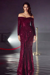 Sequin Off The Shoulder Long Sleeve Gown By Cinderella Divine -CH135
