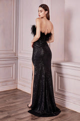Fitted Feather Sequin Gown By Cinderella Divine -CH147