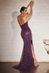 Fitted Asymmetrical Sequin Gown By Cinderella Divine -CH165