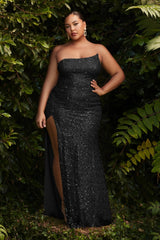 Strapless A-Symetrical Curvy Fit Sequin Gown By Cinderella Divine -CH165C