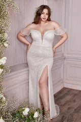 Sequin Off Shoulder White Gown By Cinderella Divine -CH167W
