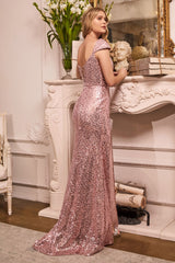 Fitted Cap Sleeve Sequin Gown By Cinderella Divine -CH171