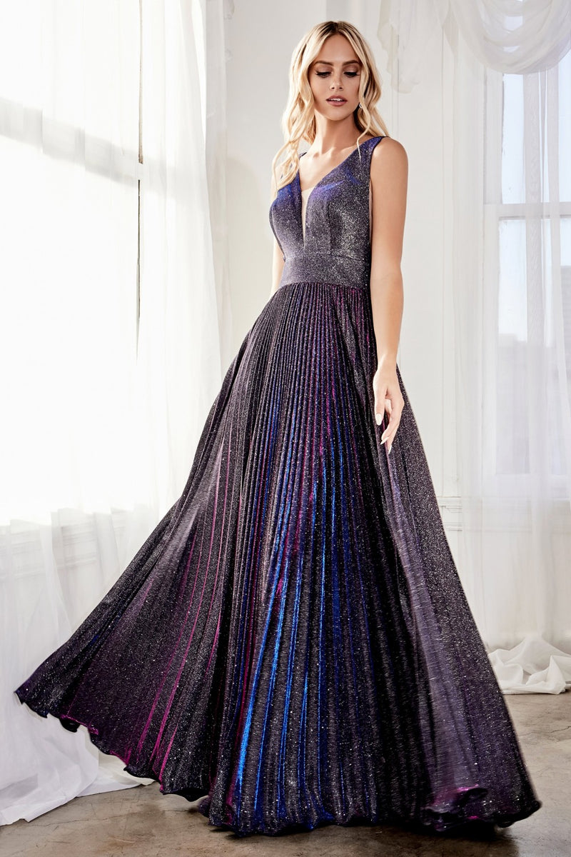 MyFashion.com - A-line pleated gown with glitter metallic finish and deep plunge v-neckline.(CH211) - Cinderella Divine promdress eveningdress fashion partydress weddingdress 
 gown homecoming promgown weddinggown 