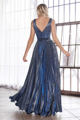 MyFashion.com - A-line pleated gown with glitter metallic finish and deep plunge v-neckline.(CH211) - Cinderella Divine promdress eveningdress fashion partydress weddingdress 
 gown homecoming promgown weddinggown 