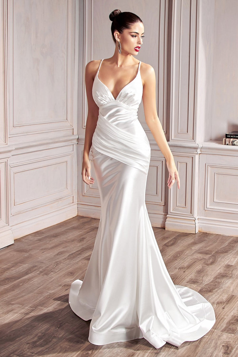 White Satin Mermaid Dress By Cinderella Divine -CH236W
