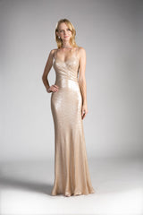 Champagne Long Fitted Sequin Dress By Cinderella Divine -CH571