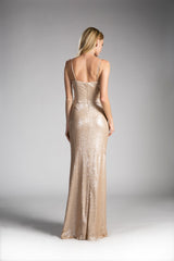 Champagne Long Fitted Sequin Dress By Cinderella Divine -CH571