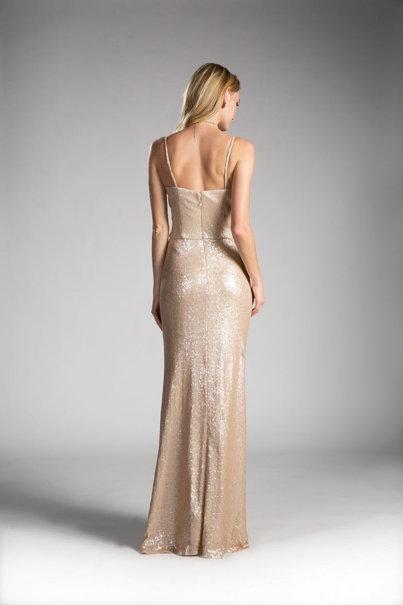 Champagne Long Fitted Sequin Dress By Cinderella Divine -CH571