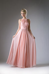 A-Line Chiffon Dress With Lace Keyhole Halter And Pleated Waistline By Cinderella Divine -CJ228