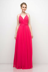 A-Line Chiffon Dress With Satin Belt And Beaded Criss Cross Straps by Cinderella Divine -CJ238