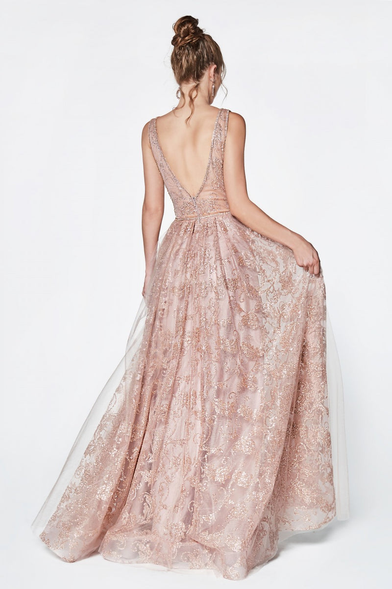 Glitter Print Ball Gown With Deep Plung Neckline And Illusion Sheer Sides by Cinderella Divine -CJ271