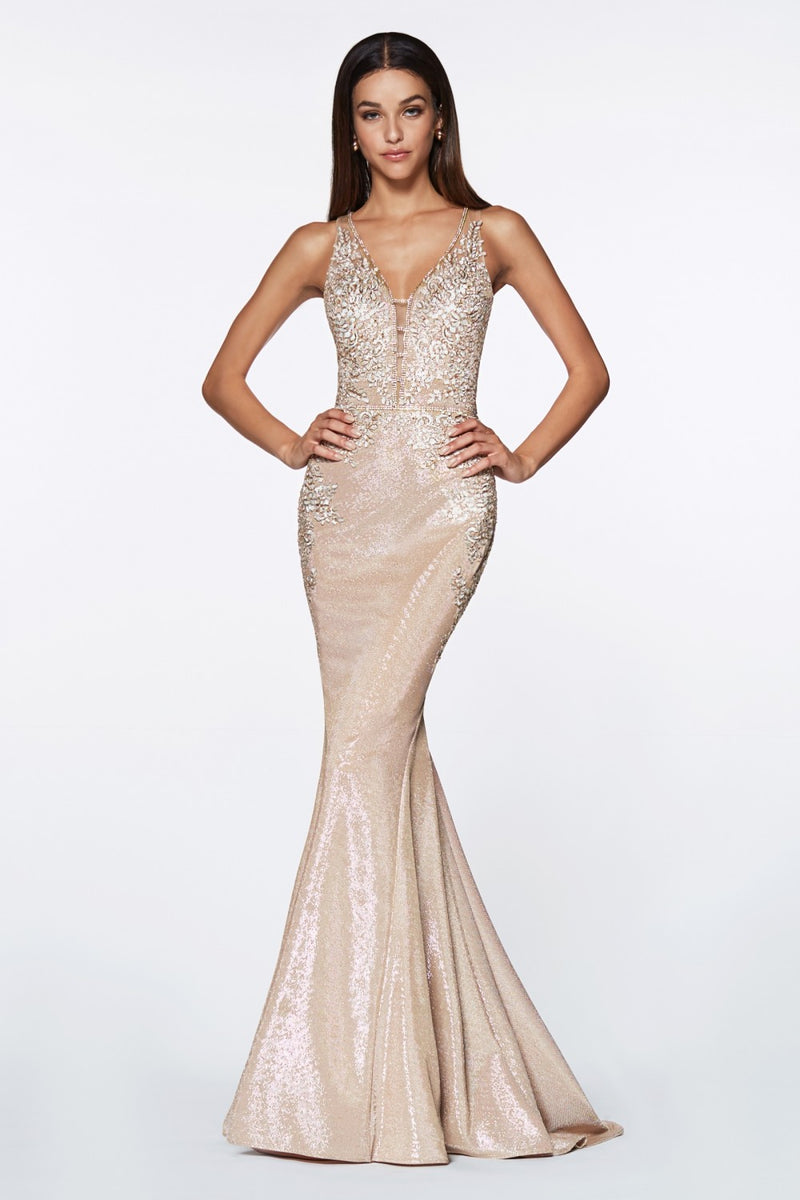 MyFashion.com - Fitted metallic gown with beaded lace details and deep plung neckline.(CJ504) - Cinderella Divine promdress eveningdress fashion partydress weddingdress 
 gown homecoming promgown weddinggown 