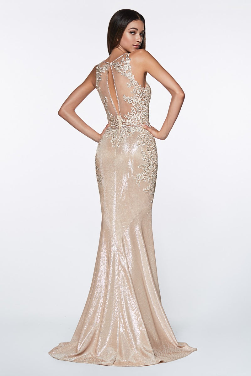 MyFashion.com - Fitted metallic gown with beaded lace details and deep plung neckline.(CJ504) - Cinderella Divine promdress eveningdress fashion partydress weddingdress 
 gown homecoming promgown weddinggown 