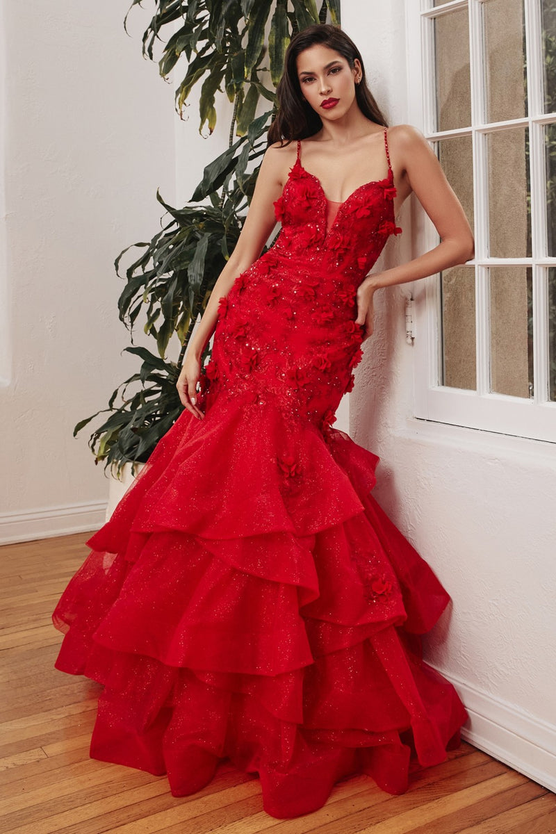 Red Mermaid Tiered Floral Gown By Cinderella Divine -CM329