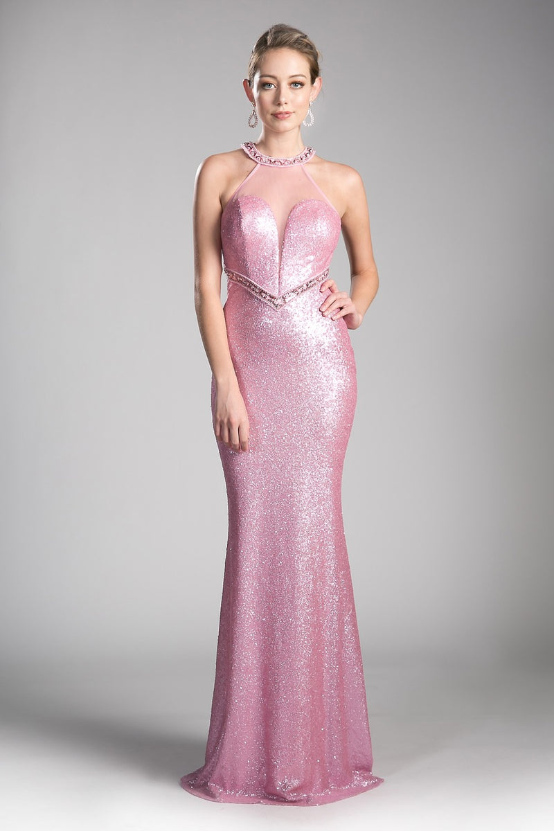 Pink Long Halter Sequin Dress by Cinderella Divine -CR814