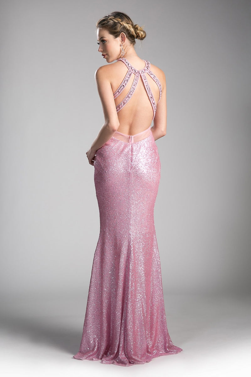 Pink Long Halter Sequin Dress by Cinderella Divine -CR814
