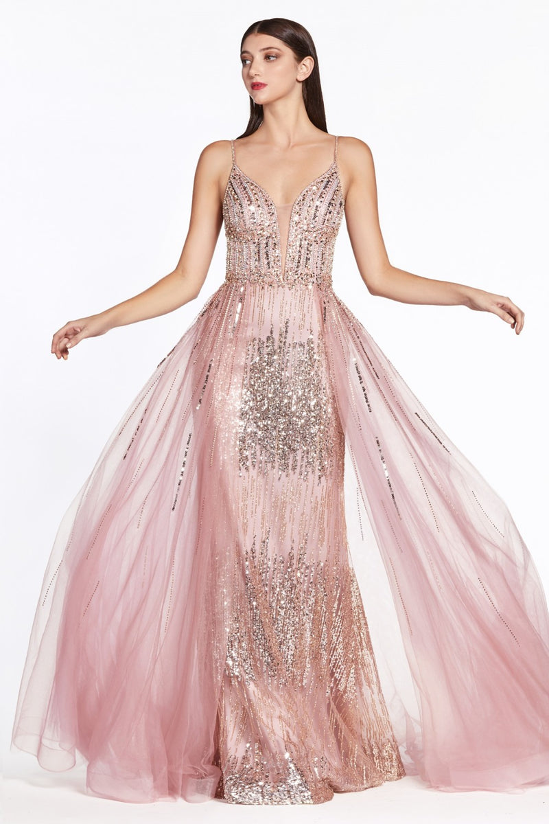 MyFashion.com - Fit and flare glitter gown with tulle over skirt and embellished details.(CR841) - Cinderella Divine promdress eveningdress fashion partydress weddingdress 
 gown homecoming promgown weddinggown 