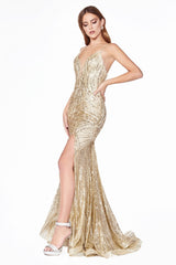 MyFashion.com - Fitted mermaid gown with glitter patterned detail, leg slit and open back.(CR844) - Cinderella Divine promdress eveningdress fashion partydress weddingdress 
 gown homecoming promgown weddinggown 