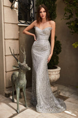 Fitted Strapless Glitter Gown By Cinderella Divine -CR863