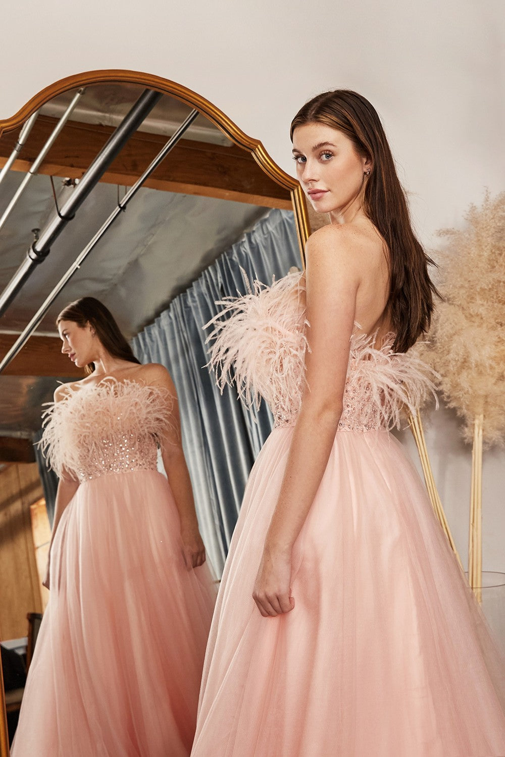 Strapless Feather Ball Gown By Cinderella Divine -CR864