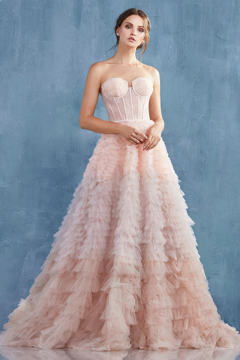 MyFashion.com - STRAPLESS FAUX LACE CORSET WITH A RUFFLED OMBRE BALLGOWN. BACK ZIPPER CLOSURE, SOME STRETCH.( A0767) - Andrea&Leo promdress eveningdress fashion partydress weddingdress 
 gown homecoming promgown weddinggown 