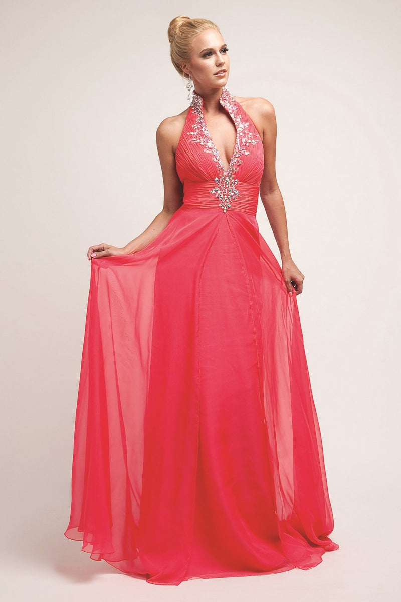 Crystal Embellished Ruched High Neck Evening Dress by Cinderella Divine -H3002