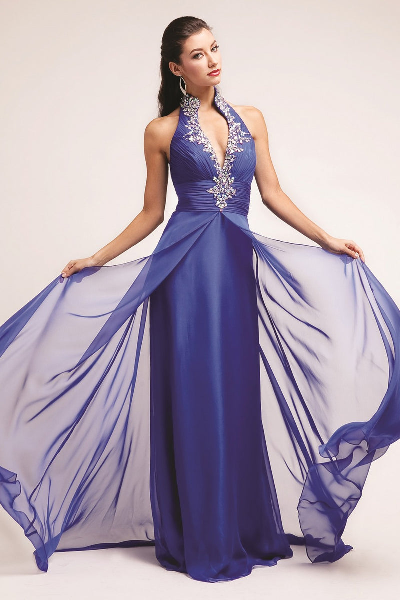 Crystal Embellished Ruched High Neck Evening Dress by Cinderella Divine -H3002