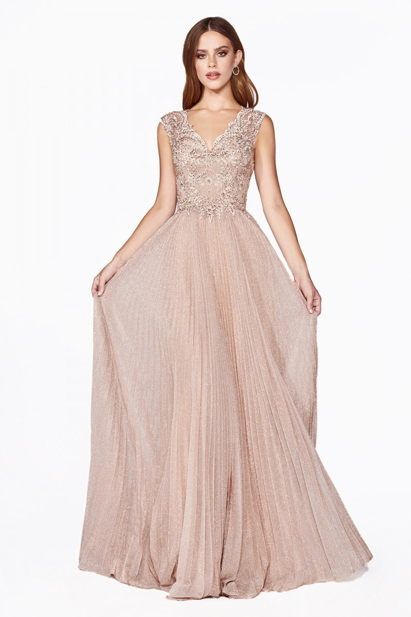 MyFashion.com - A-line metallic pleated dress with lace cap sleeve bodice and scalloped neckline.(HT011) - Cinderella Divine promdress eveningdress fashion partydress weddingdress 
 gown homecoming promgown weddinggown 