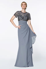 A-Line Wrap Dress With Short Sleeves And Embellished Empire Bodice by Cinderella Divine -J0295