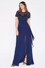 A-Line Wrap Dress With Short Sleeves And Embellished Empire Bodice by Cinderella Divine -J0295
