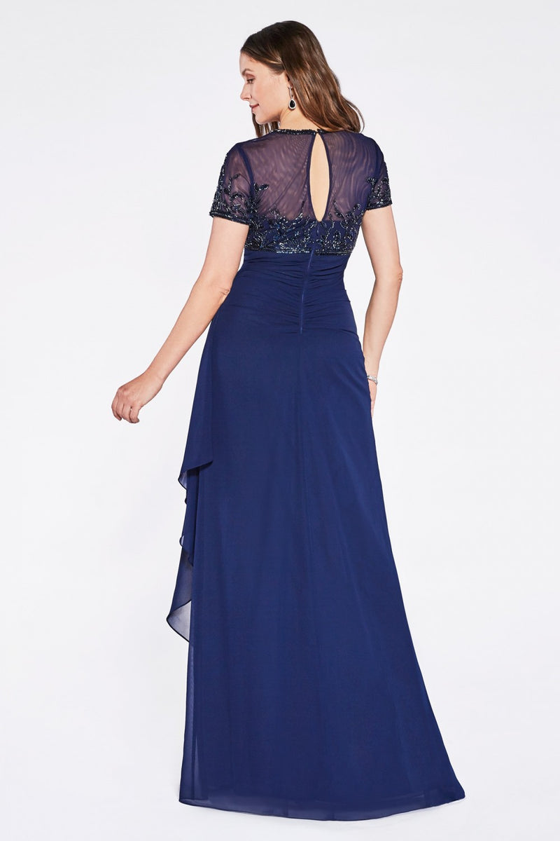 A-Line Wrap Dress With Short Sleeves And Embellished Empire Bodice by Cinderella Divine -J0295
