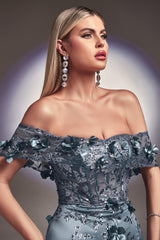 Floral Print Fitted Off The Shoulder Gown By Cinderella Divine -J832