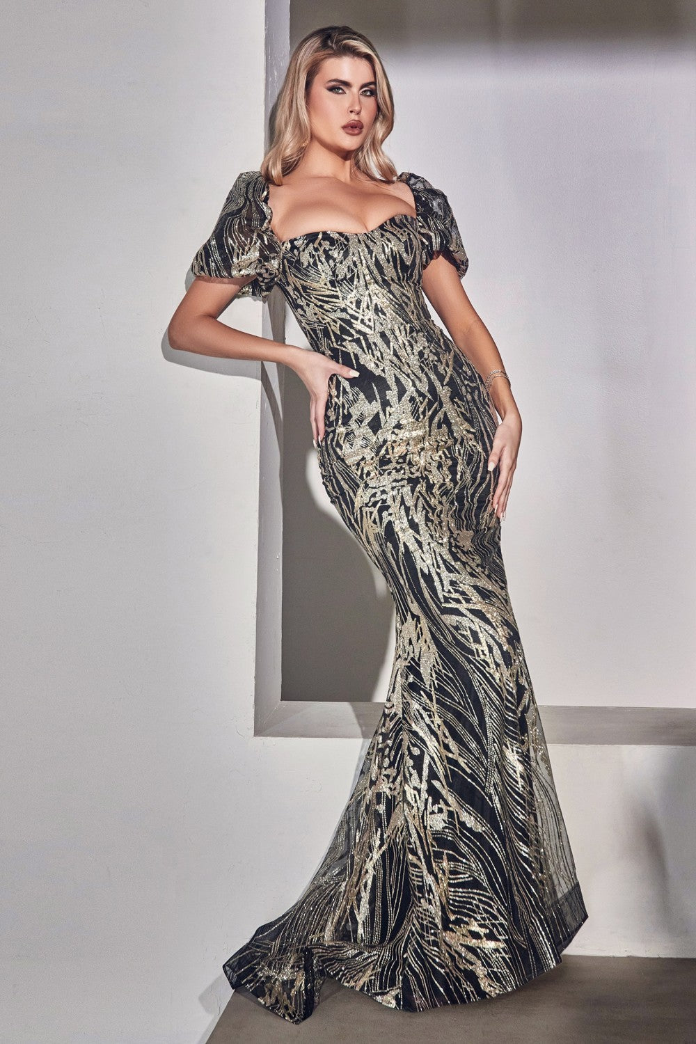 Gliiter Printed Fitted Gown With Puff Sleeves By Cinderella Divine -J833