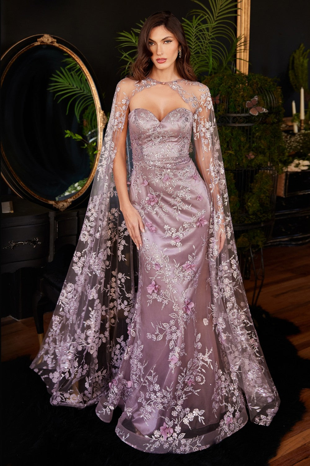 Strapless Fitted Gown With Lace Cape By Cinderella Divine -J834
