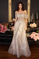 Off The Shoulder Glitter Print A-Line Gown By Cinderella Divine -J835