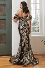 Strapless Glitter Floral Print Gown With Detachable Puff Sleeves By Cinderella Divine -J844