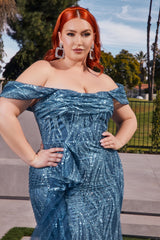 Fitted Glitter Print Off The Shoulder Gown By Cinderella Divine -J849C