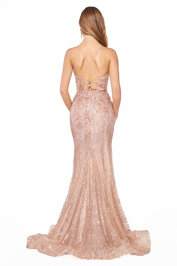 MyFashion.com - Fitted dress with glitter lace applique and open back.(J8754) - Cinderella Divine promdress eveningdress fashion partydress weddingdress 
 gown homecoming promgown weddinggown 