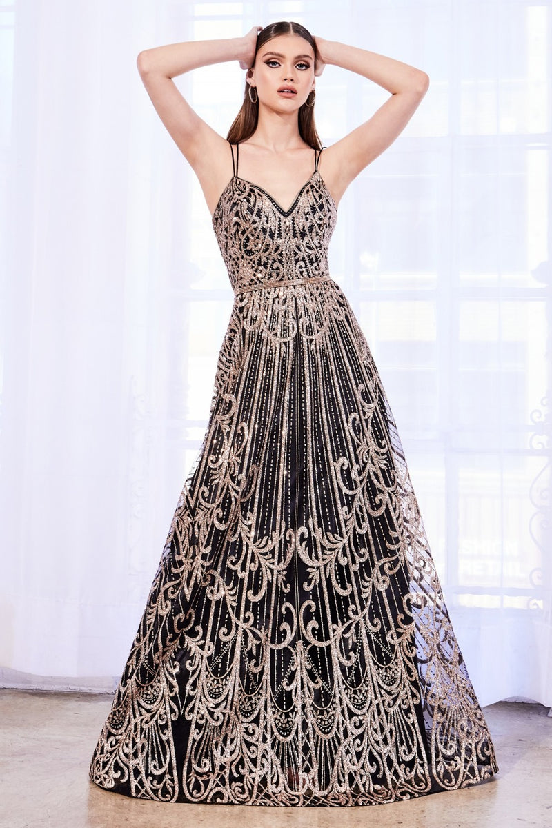 Long Glitter Print V-Neck Dress By Cinderella Divine -J9790