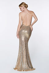 Fitted Sequin Gown With V-Neckline And Criss Cross Back by Cinderella Divine -JS0406