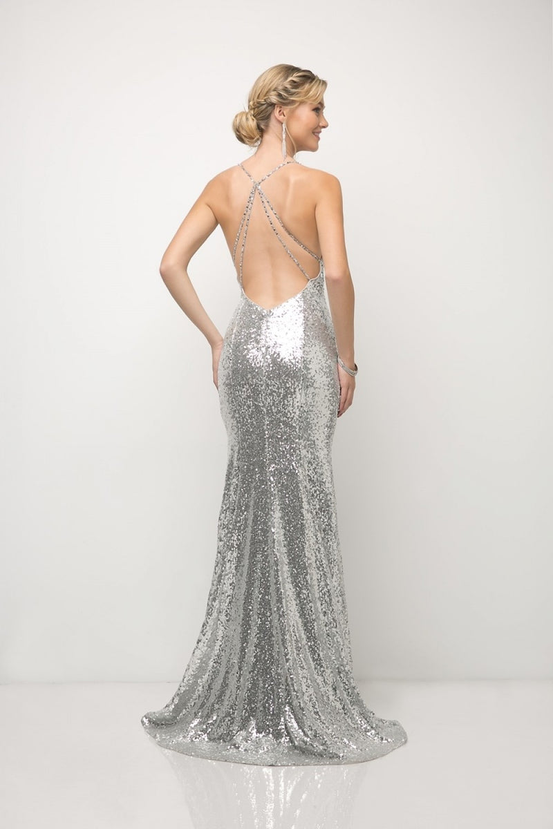 Fitted Sequin Gown With V-Neckline And Criss Cross Back by Cinderella Divine -JS0406