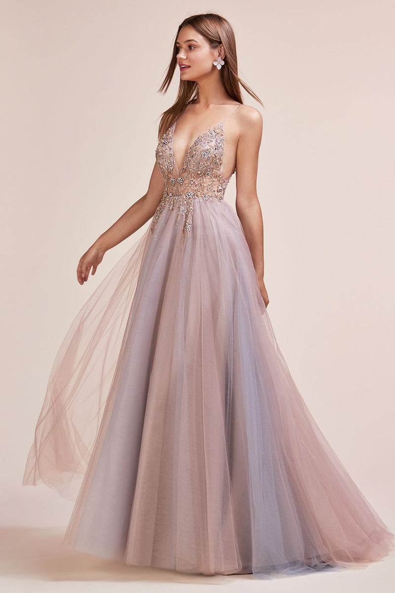 V-Neck Ethereal Floral Beaded Tulle A-Line With Leg Slit by Andrea and Leo -A0672