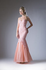 Strapless Fitted Mermaid Gown With Beaded Lace Detail And Tulle Skirt by Cinderella Divine -KC1701