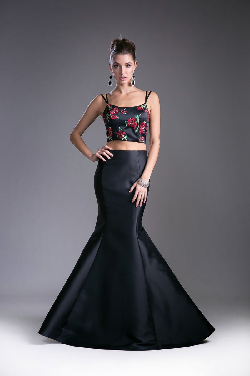 Flower Applique 2 Piece Satin Mermaid Gown By Cinderella Divine -KC1737