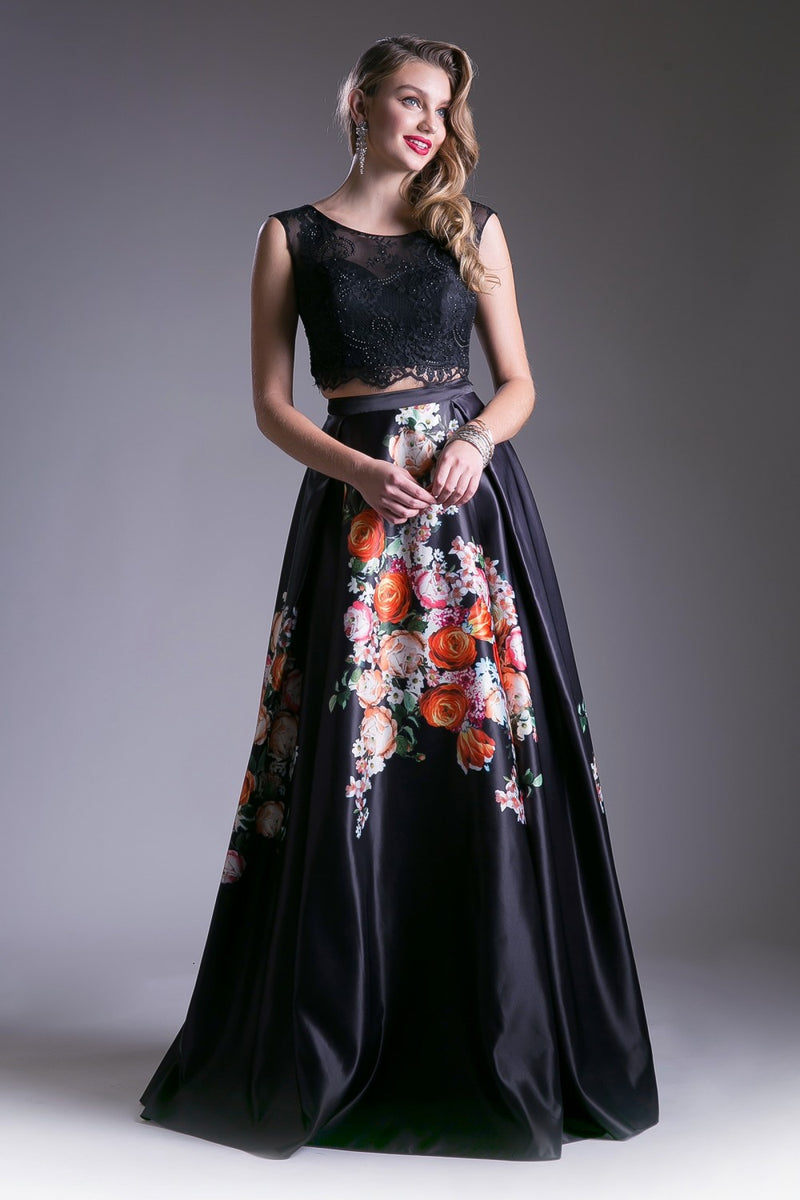 Beaded Lace 2 Piece Floral Satin Ball Gown by Cinderella Divine -KC1813