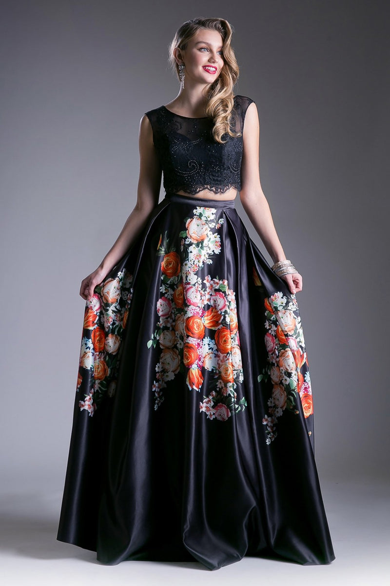 Beaded Lace 2 Piece Floral Satin Ball Gown by Cinderella Divine -KC1813