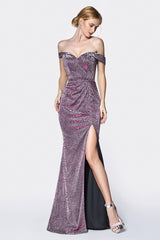 MyFashion.com - Off the shoulder metallic fitted gown with sweetheart neckline and leg slit.(KC870) - Cinderella Divine promdress eveningdress fashion partydress weddingdress 
 gown homecoming promgown weddinggown 