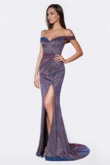 MyFashion.com - Off the shoulder metallic fitted gown with sweetheart neckline and leg slit.(KC870) - Cinderella Divine promdress eveningdress fashion partydress weddingdress 
 gown homecoming promgown weddinggown 