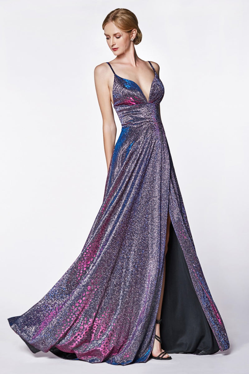 A-Line Slit Gown With Deep V-Neckline And Sparkle Glitter Fabric by Cinderella Divine -KC878
