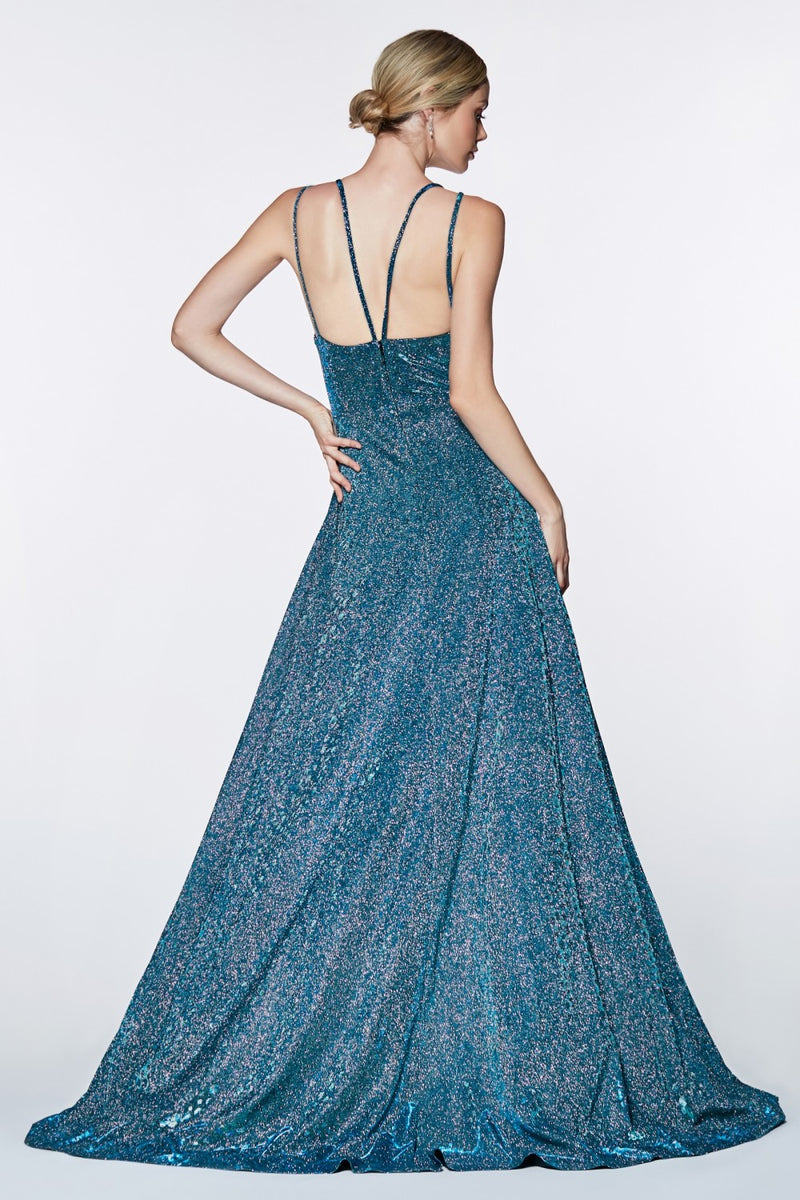 A-Line Slit Gown With Deep V-Neckline And Sparkle Glitter Fabric by Cinderella Divine -KC878
